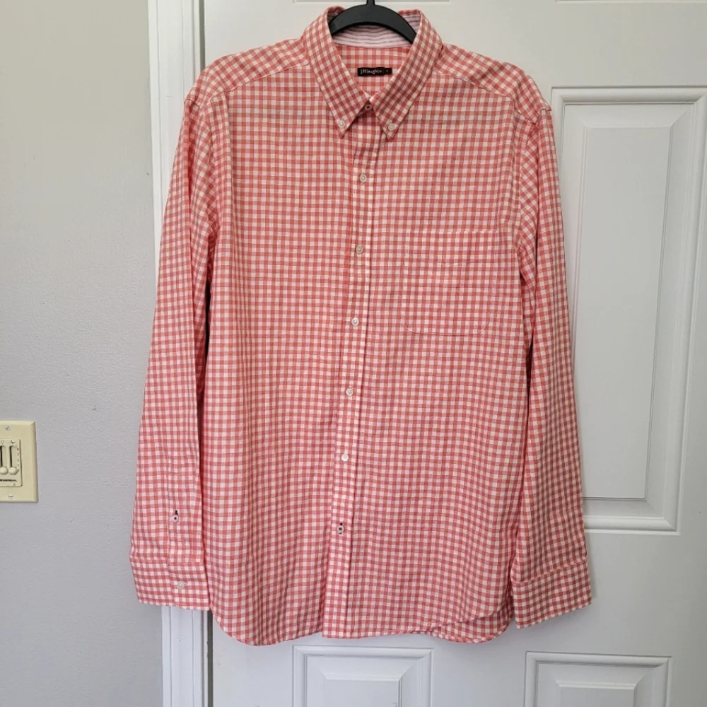J McLaughlin Mens Long Sleeve Button Down Shirt Orange White Checked Size L